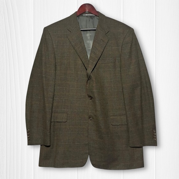 Hickey Freeman Wool Cashmere Madison Windowpane Plaid Blazer Mens 44L Brown